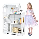 COSTWAY Aufbewahrungsregal für Kinder Holz, 2 in 1 Puppenhaus Kinder Bücherregal mit Zubehöre, Spielzeugregal mit Speicherplatz, Kinderregal Regal für Kinderzimmer Kindergeschenk, Weiß