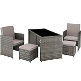 TecTake 800808 Rattan Sitzgruppe 5-TLG, Gartenmöbel-Set mit Esstisch, Sessel & Hocker, für bis zu 4 Personen, Essgruppe für Garten & Balkon, inkl. Polster - Diverse Farben - (Grau | Nr. 403562)