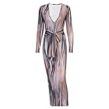 Mind of My Own Maxi Dress,TikTok Waist-Snatching Dress Viral Waist Optical Illusion Dress,Visually Thin Dress,Long Sleeve Dress for Women,Gradient Stripes Bag Hip Dress for Women (XXL, brown)