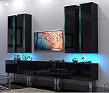 Furnitech Venus N39 Modernes Wohnzimmer Wohnwand Wohnschrank Schrankwand Möbel (Möbel ohne LED, AN39-18HG-B1 GS4 Schwarz mit Füßen)