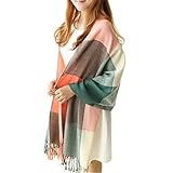 Damen Schal Herbst Winter Thermo Warm Poncho Classic Kariert Umschlagtuch Bekleidung Quaste Reversibel Pashmina Schal Retro (Color : Pink Grün, Size : One Size)