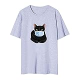 OverDose Damen Sommer Kurzarm Casual Cute Cat Freizeit Tops Oberteile Tees Frauen Print T-Shirts B