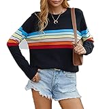 ZYYM Pullover Damen Casual Elegant Strickpullover Farbblock Jumper Rundhals Langarmshirt Oberteile Herbst Winter Warmes Sweatshirt Tunika Oberteile Langen Ärmeln Basic Bluse W