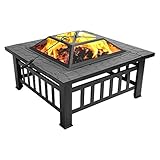 32 Zoll Heavy Duty 3 in 1 Metal Square Patio Firepit Table BBQ Garden Ofen mit Spark Screen Cover Holzrost und Poker für Holzverbrennung und Getränkekühlung im F