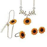 JIUDELE Damen-Ohrringe, modisch, trendig, Sonnenblumenblätter, 4-teiliges Armband, Ohrringe, Ring, Halskette, Juwelen-Ohrring