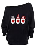 Vialogry Damen-Weihnachtssweatshirt, Cartoon-Druck, schulterfrei, langer, ärmelloser Pullover, Schwarz , 50