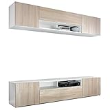 Vladon Wohnwand Anbauwand Mogan, Korpus in Weiß matt/Fronten in Eiche säg