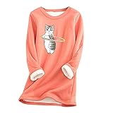 Masrin Winter Fleece Sweatshirt Damen Fitness Pullover mit Katzenmotiv Dicke warme Basic Hemden Tunika Oberteile mit O Ausschnitt und Langen Ärmeln Plus Samt Loungewear Elastische Bequeme B