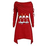 Partykleid Weihnachtskleid Damen Elegante Frauen Langarm Kleid Christmas Off Shoulder Abendkleid mit Hirsch-Muster Aufdruck Unregelmäßiges Festliches Cocktaiikleid Strickrock Christmas D