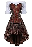 Grebrafan Steampunk Taillen Corsage Kostüm mit asymmetrischer Spitzenrock und Bluse - für Karneval Fasching Halloween (EUR(48-50) 6XL, Braun)