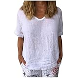 Masrin Damen Tops Vintage Sonnenblume Katze gedruckt T-Shirt Sommer O-Ausschnitt Kurzarm Pullover Lose Baumwolle und Leinen Tunika Bluse (L,Z2 Weiß)