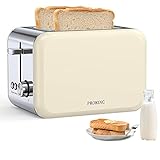 Toaster Edelstahl, 2 Scheiben Toaster 6 Einstellbare Bräunungsstufen Abbrechen/Aufwärmen/Auftauen Funktion Breite Schlitze Retro Toaster(Beige)