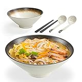 2X Ramen Schüssel Set, Großer Japanischer Schale Bowl 1000ml 9in/23cm, mit Löffel & Stäbchen, Rutschfest Sturzfest, Multifunktional Suppenschüssel für Müslischale Pasta Nudel Salat, Vintage Cremeweiß