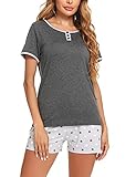 Doaraha Sommer Damen Schlafanzug Kurz Set Zweiteiliger Kurz Pyjama aus Baumwolle Kurz Rundausschnitt Nachtwäsche Frauen Bequeme und atmungsaktive Shorty Schlafanzug