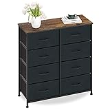 Kommode mit 8 Schubladen Wildleder Stoffschrank Sideboard Vintage Highboard Metall Mehrzweckschrank Schränke Organizer TV Schrank Klein, Küche Schlafzimmer Büro Wohnzimmer Schwarz + Grau Holz + S