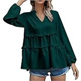 TTWOMEN Damen Einfarbig V-Ausschnitt Langarm Lose Bluse Rüschen Plissee Saum Shirts Top