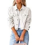 Eghunooye Damen Jeansjacke Reverskragen Kurz Lässig Denim Jacket mit Knöpfen Stretch Jacke Sommer Frühling Mantel Coat Outwear S M L XL XXL (Weiß, Large)