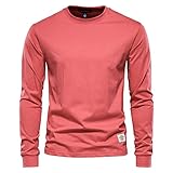 Freizeithemden Herren Frühling Herbst Klassisch Mode Rundhals Einfarbig Herren Longsleeve Shirt Täglich Casual Lose Atmungsaktiv All-Match Männer Base Shirt I-Red L