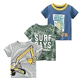 Snyemio 3er Pack Kinder Jungen T-Shirt Kurzarm Baumwolle Cartoon Bedrucktes Sommer Tops 1-7 Jahre, Grün, 134-140 (Etikette 140)