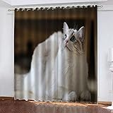 TTBBBB Küchenvorhang Weiß Tier Katze B 140 x H 160 cm Gardinen Verdunkelungsvorhang Schlafzimmer Kinderzimmer Thermovorhang Fensterdekoration 3D Muster Ösen schal 2Er S