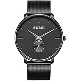 BUREI Herren Uhren Quarz Armbanduhr Schwarz Analoganzeige Schlichtes Klassisches Design Edelstahlband (Silber schwarz -13)