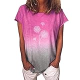 Masrin Damen T-Shirt Lässig Farbverlauf Bedruckt Tops Löwenzahn Motiv Pullover Kurzarm O-Ausschnitt Lose Tunika Bluse (L,Pink)