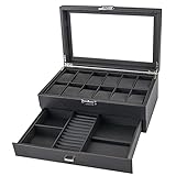 Damen Schmuckaufbewahrung Schmuckschatulle, Kohlefaser Pu. Leder 2 Schichten 12 Gitter Uhrenbox Klare Top Abschlussbare Sonnenbrille Schmuck Aufbewahrungskoffer Organizer for Frauen Männer Schmuckk