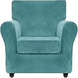 THJ Samt Sofabezug Mit Separaten Kissenbezügen, Für Wohnzimmer Hunde Katze Haustier Plüsch Love Seat Couch Schonbezüge Elastischer Möbelschutz (Blau,1 Seater)