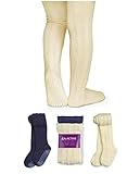LA Active Mädchen Strumpfhose mit Zopfmuster - 2 Paar - Baby Kleinkind Kinder Anti-Rutsch Rutschfest Stoppersocken Baumwolle Strick (Creme und Marineblau, 4-5 Jahre)