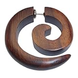 CHICNET Tribal Ohrring Sono Holz Spirale braun Edelstahlbügel- Fake Piercing