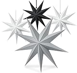 AOMOWA Papier Stern Dekoration 4 Stück, Faltstern Weihnachten 30cm 3D Sterne Form für Weihnachten Sterne Papier zum Fenster Dekoration, Advent, Weihnachtsbaum (Schwarz & Weiß & Grau)