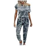 HolAngela Jumpsuit Damen U-Ausschnitt Kurzarm Lange Hose Mode Leopardenmuster Overall Jumpsuit Sommerhose Baggy Casual Weites Bein Play