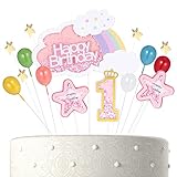Opopark 15 Stück Tortendeko Geburtstag Set, 1st Happy Birthday Cake Topper Kuchendekoration, Cupcake Topper mit Sternen und Luftballon für Mädchen Junge( Rosa)