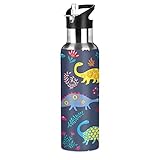 Hunihuni Tier-Wasserflasche mit buntem Dinosaurier-Motiv, vakuumisoliert, mit Strohhalm und Griff, Edelstahl-Flasche, BPA-frei, hält kalt heiß für Sport, Wandern, Fitnessstudio, 590