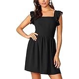 STOREYH Damen Elegant Einfarbig Rüsche Knielanges Kleider Lässig Slim Fit Drawstring Rückenfrei Schulterfrei Wickel A-Linie Kleid Mode Ärmellos Wellen Träger Eckigem Kragen Midi Dress Karneval Rock