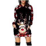 Weihnachtskleid Damen Hoodie Kleid Weihnachten Sweatshirt mit Kapuze Schneeflocke Rentier Druck Langarm Minikleid Frauen Xmas Kapuzenpullover Herbst Winter Casual Blusenkleid Lang