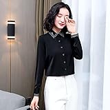 CWENROU Lässiges Damenhemd - Elegantes Damen Top Frühling Und Herbst Langarm Mode Besticktes Hemd Seidentop Einfach Büro Damas Schwarz Satin Knopf Langarm Hemd Elegant Business Party,Schwarz,M