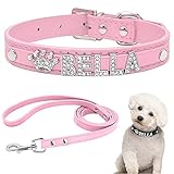 Hundehalsband mit Name, Personalisiert PU Leder Halsband und Leine Set mit Strass, Dog Collar Namensbuchstaben und Charms D-Ring für Kleine und Mittelgroße Hunde Geeignet (Rosa XS)