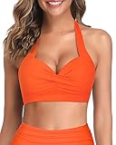 Tempt Me Damen-Bikinioberteil, Push-Up-Bikinioberteil, Neckholder, Retro-Badeanzug, gepolstert, Badeanzug, Orange, X-S