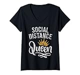 Damen Retro Vintage Social Distance Queen Stay At Home Quarantäne T-Shirt mit V