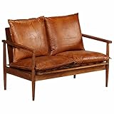Nicoone 2-Sitzer-Sofa Sessel 2er Echtes Leder Couch Britisches Sofa im Retro Design Flurbank Sofa Leder mit Akazienholz Wohnzimmer Sofa B
