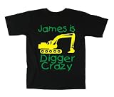 personalisierbar Bagger Crazy mit Namen 'Jungen T-Shirt mit Gelb und Grün drucken (Namen bitte geben Sie und speichern in Geschenk Option Abschnitt nur vor dem Checkout), Schw