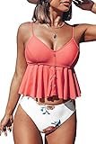 CUPSHE Damen Tankini Set mit Knöpfen Rüschensaum High Waist Bademode Zweiteiliger Badeanzug Swimsuit Rosa/Weiß M
