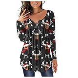 Masrin Weihnachtsbluse Damen T Shirt mit Weihnachtsmann Elch Print Bluse mit Knopfleiste Tunika Tops mit O Ausschnitt und Langen Ärmeln Schmale Plissee Oberteile Herbst Lang