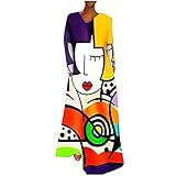 Briskorry Damen Leinenkleid Lang Maxikleid Damen Boho Langarm Vintage Bunter Übergröße Lose Casual Kleid Elegante Freizeitkleid Blusenkleid Kaftan T-S
