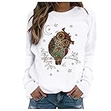 Tomwell Pullover Damen Eule Drucken Sweatshirt Langarmshirt Rundhals Langarm Shirt Herbst Winter Pulli Tops Oberteile D Weiß M