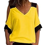 JINXL Damen Farbblock Oberteil T-Shirt Halber Ärmel V-Ausschnitt Lose Off Shoulder Bluse Tops Sommer Lässige Mode Spleißen mit Fledermausärmel Große Größe Shirts Frühling Frauen Elegante Hemdb