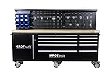 Profi 215cm Werkbank mit Schubladen, Werkzeugwagen mit 6 Rollen, fahrbare Werkbank, Massivholzplatte inkl. Rückwand mit Haken & 12 Ablagefächer. Profi Werkbank mit Lochwand & Schubladen von T