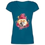 Weihnachten & Silvester Geschenke Party Deko - Lustiger Winter-Fuchs Aquarell - 3XL - Türkis - Fuchs Bekleidung - XO1525 - Damen T-Shirt mit V