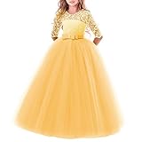 IBTOM CASTLE Elegant Brautjungfer Kleider für Mädchen Blumenmädchen Hochzeitskleid 3/4 Arm Spitzenkleid Tüllkleid Prinzessin Festzug Weihnachten Karneval Abendkleid Partykleid Gelb 3-4 J